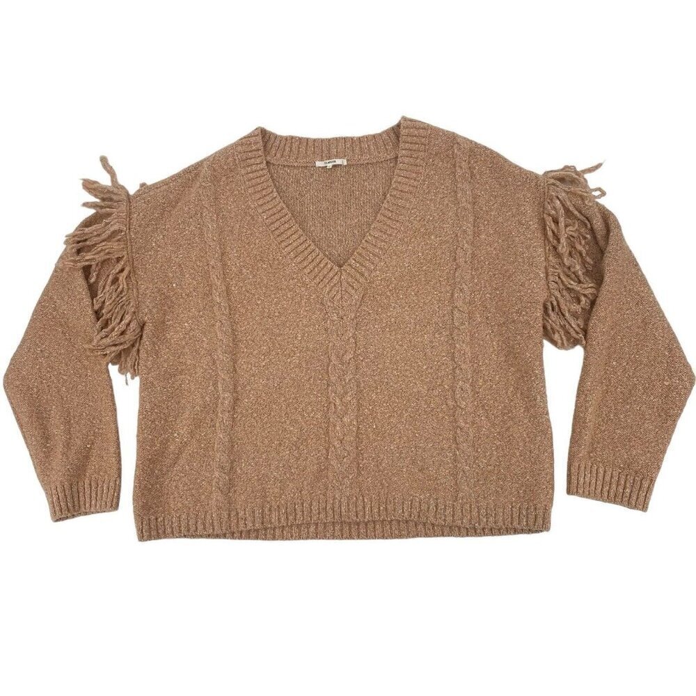 Tularosa Size M Lonestar Fringe Sleeve V-Neck Sweater in Peach Wool Blend